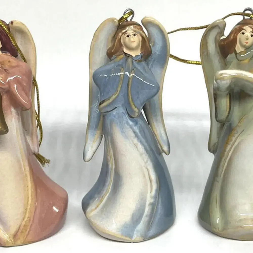 Angel Bell Glazed Ceramic Christmas Ornaments‎ Hand Painted Set of 3